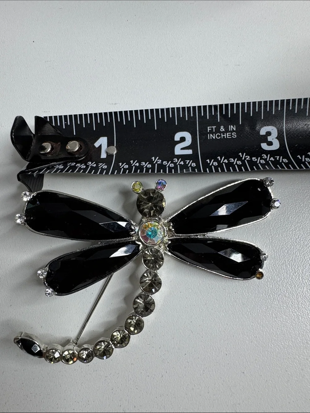 Black Crystal Rhinestone Dragonfly Brooch Silver Tone Statement Pin